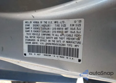 2005 Honda Cr-V Lx из США, поврежденный, VIN SHSRD78545U342881